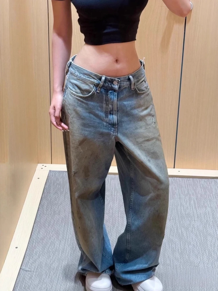 

2025 американские потертые джинсы в стиле ретро, женские прямые брюки с высокой талией, повседневные джинсовые брюки с карманами и брызгами, уличная одежда