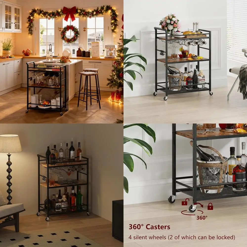 

Rustic Brown 3-Tier Bar Cart with Wine Rack for Home, Kitchen, Dining, and Living Room