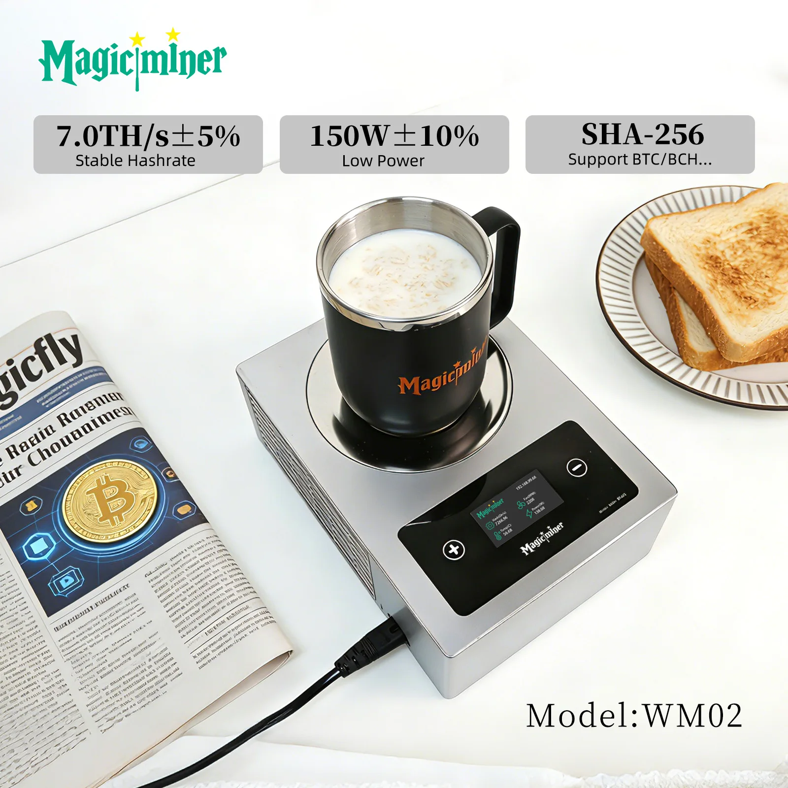 Magicminer WM02 7TH/s SHA-256 BTC Miner Smart Thermostatic Cup Mat 150W WiFi Bitcoin Mining Heater Desk Cup Warmer Home Office