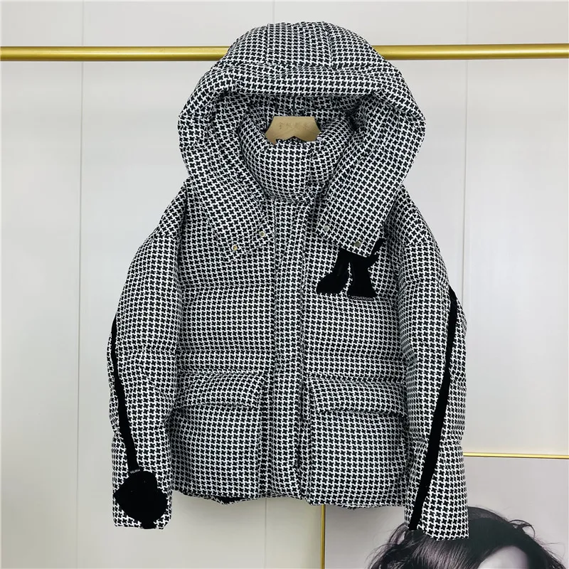 2022 giacca invernale donna pied de poule Print Fashion piumini con cappuccio parka corto allentato cappotto imbottito in cotone caldo spesso