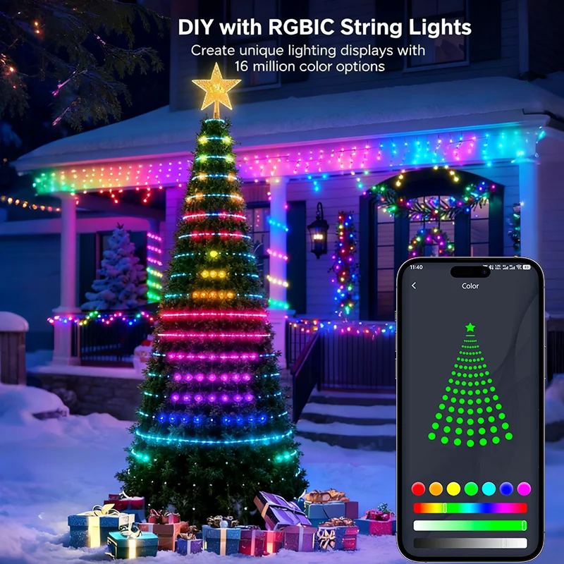 Smart Christmas Tree Lights LED String Lights DIY Color Changing Pattern Timer Music Sync Waterproof for Christmas Tree Decor