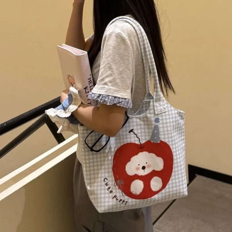 Apple Plaid Dog Tote Bag Y2K Cartoon Printed Velvet Illustration Shoulder Bag Commuting Student Bag High Capacity Zipper Itabag