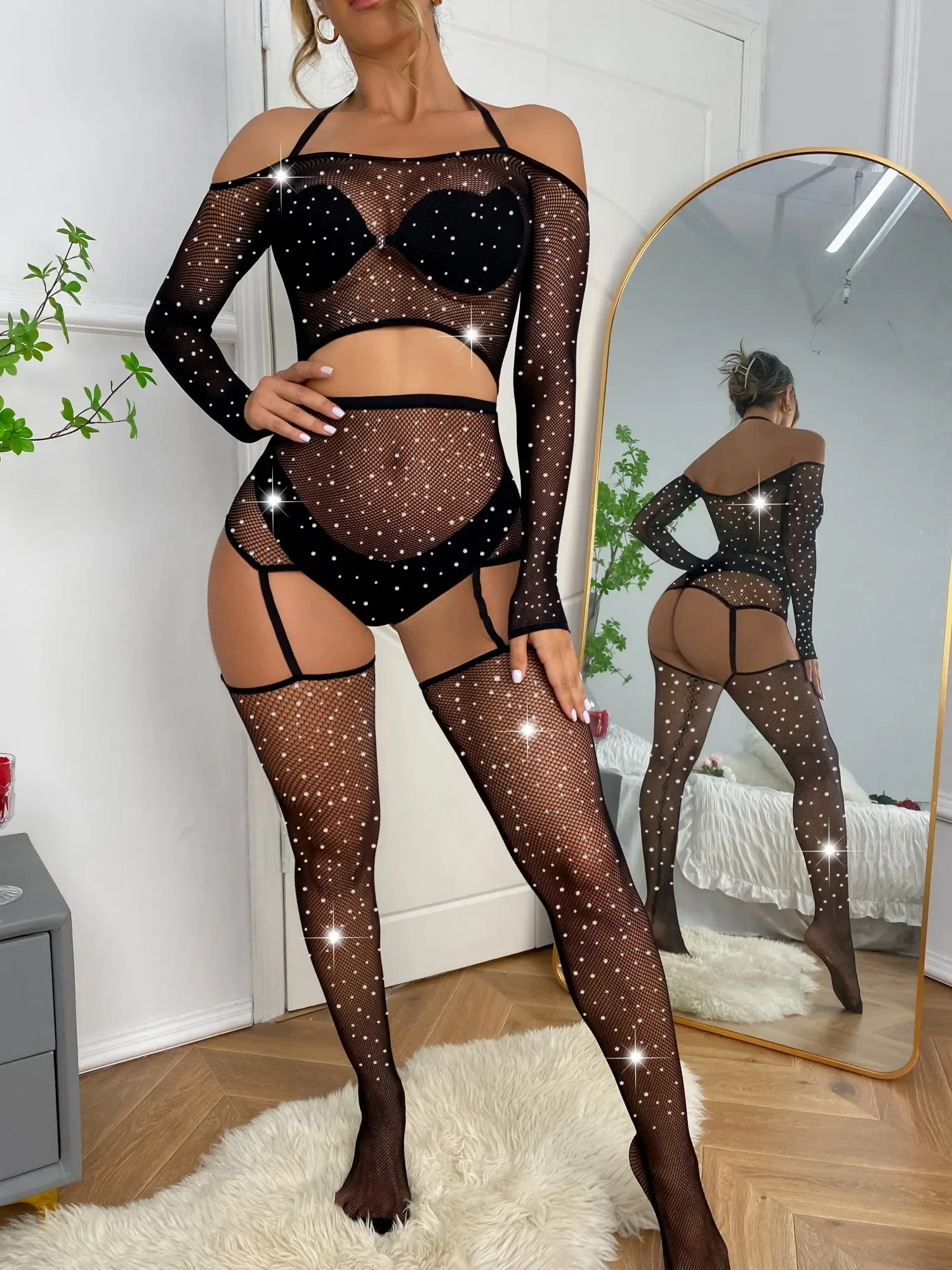 Sexy Rhinestone Fishnet Diamonds Bodycon 2 Piece Suit Full Body Stocking Bodystocking Crystal Lingerie