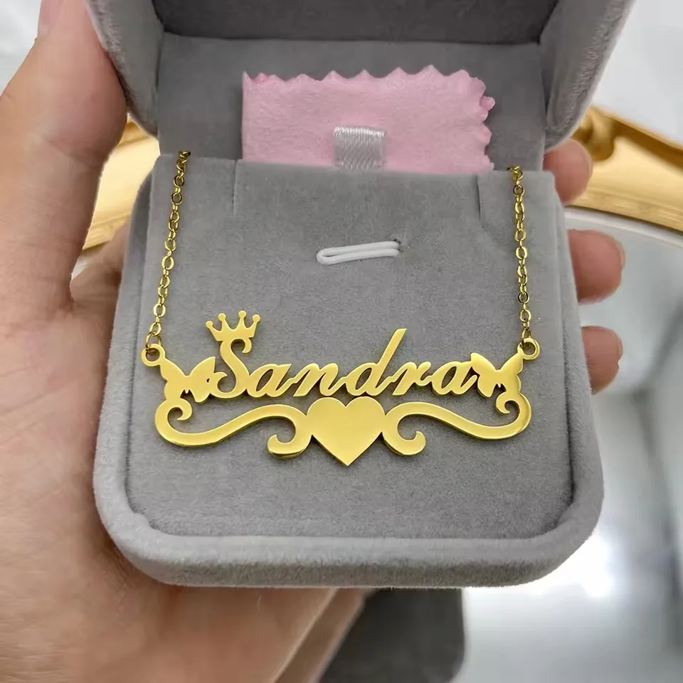 Women Best Gifts Jewelry Stainless Steel Crown Nameplate Pendant Necklace Custom Butterfly Name Necklace With Heart Ribbon