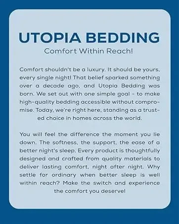 Text reads 'UTOPIA BEDDING', 'Comfort Within Reach!'. Extended product description text about bedding comfort and company philosophy on blue rounded background. Marketing content for bedding brand.