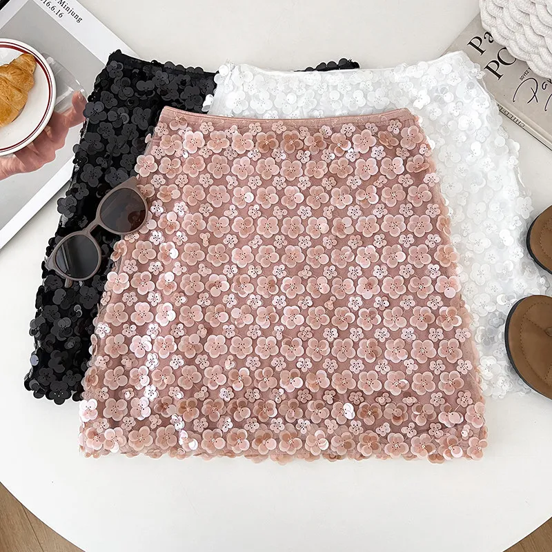 Women's Pink Sequin Skirt High Waist A-Line Bodycon Mini Skirt Korean Style Y2K Gyaru Vintage Mini Skirt for Women Summer 2026