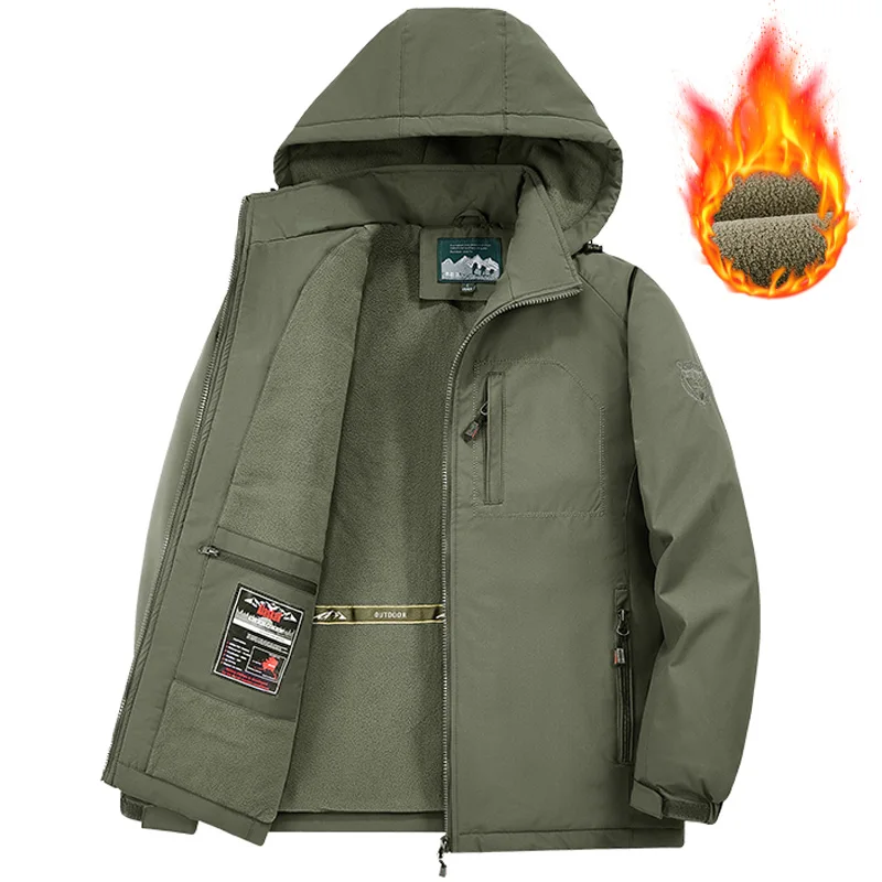 8XL Men Outdoor Jacket Big Tall Fleece Lined Thick Warm Winter Jacket Hiking Camping Windbreaker Plus Size Outwear Hooded Coat