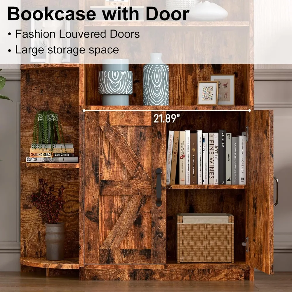 

Bookcase with Corner Bookshelf, Bookcase with Book Shelves and Cabinet Doors, Wood Bookshelf and Office Storage, Customized