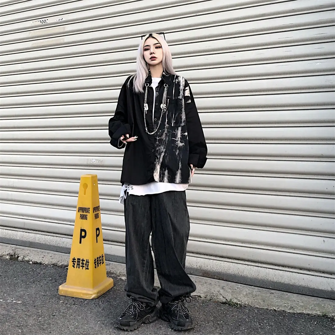 Tie Dye Long Sleeve Button Up Blouse with Chain for Women Ladies Goth Gothic Shirt Clothes Cardigan Alt Emo Clothing