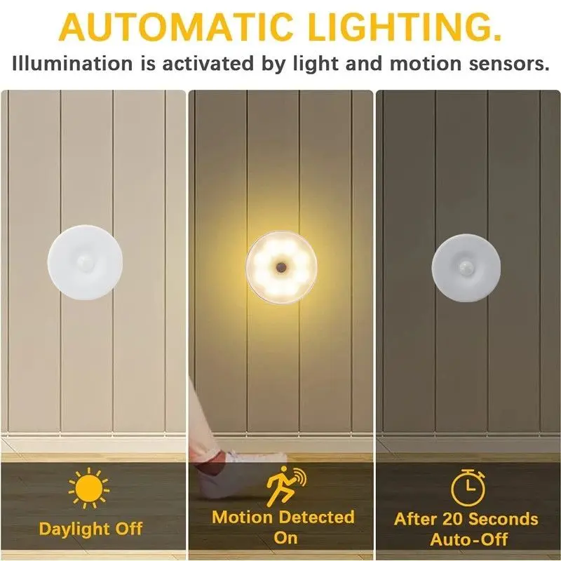 ไฟกลางคืน LED แบบ USB โคมไฟเซ็นเซอร์ตรวจจับการเคลื่อนไหวแบบชาร์จไฟได้สำหรับตู้ภายในห้องนอนหรือตู้เสื้อผ้าห้องโถง