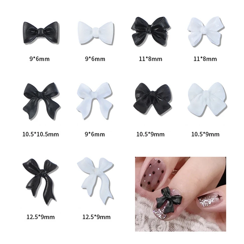 50pcs Bow Resin Nail Art Decoration Black White 3D Long Ribbon Bowknot Ornament Nail Charm Jewelry Design DIY Accessories