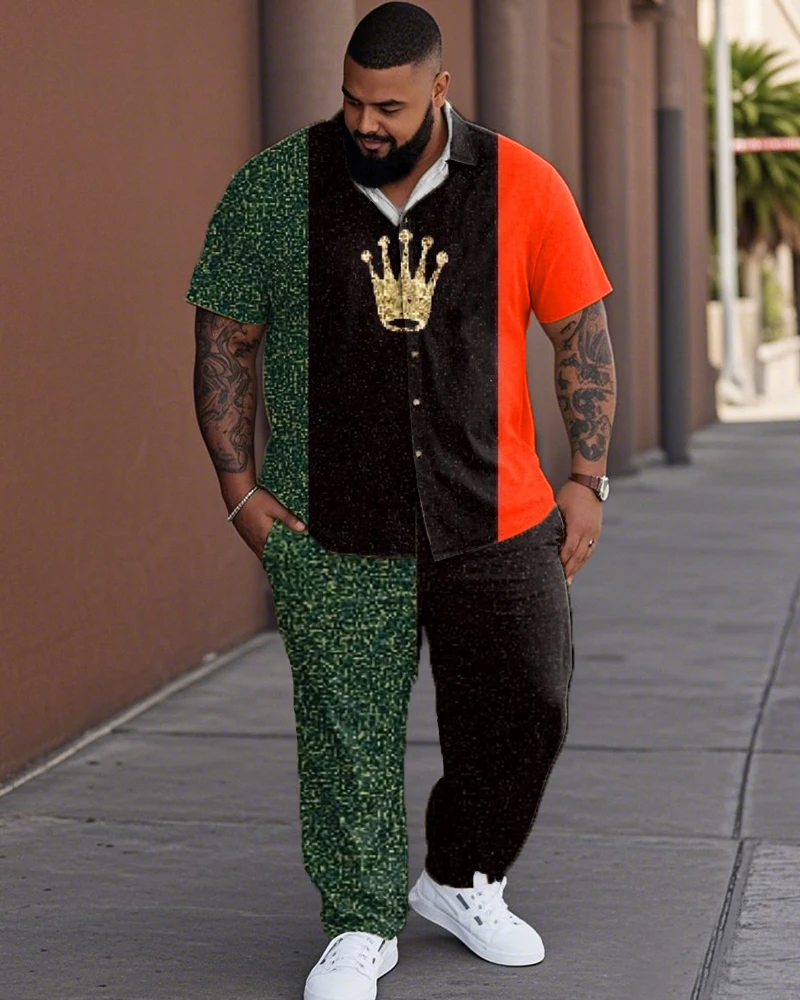 

S-9XL Мужская рубашка больших размеров с цветными блоками и короной, рубашка с короткими рукавами и брюки, комплект из 2 предметов, уличная одежда, свободный крой, лето