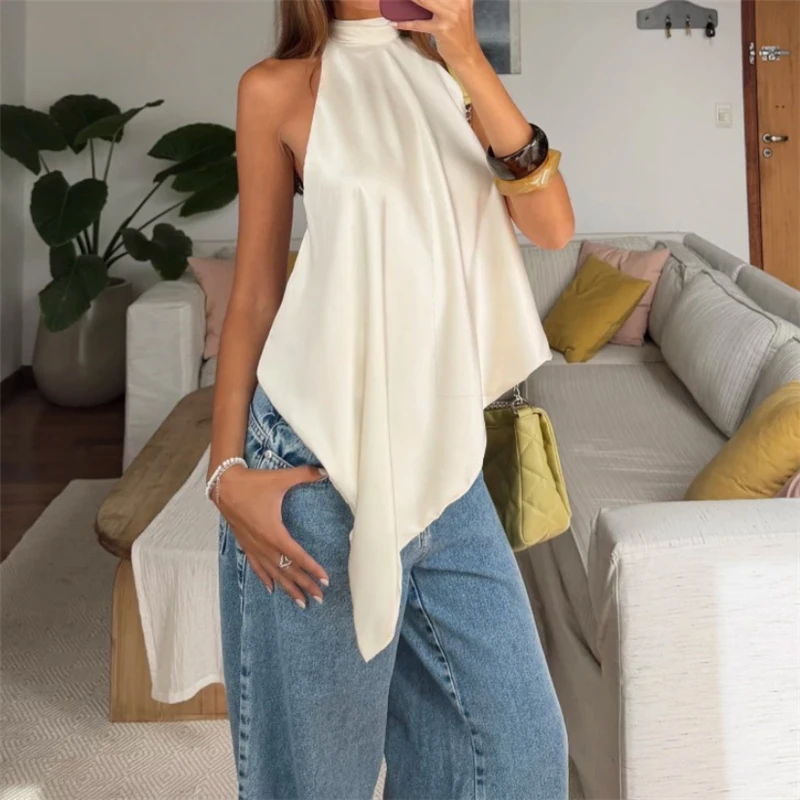 موضة عادية غير النظامية الساتان تانك القمم للنساء صيف 2026 بلون الرسن أكمام تي شيرت التي شيرت الشارع الشهير Y2K