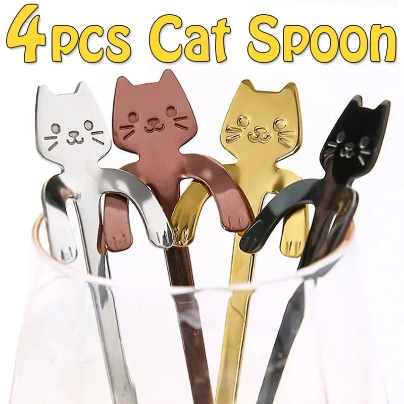 4pcs Stainless Steel Cute Cat Spoons Coffee Tea Ice Cream Teaspoons Spoon Dessert Snack Scoops Home Flatware Kitchen Accessories