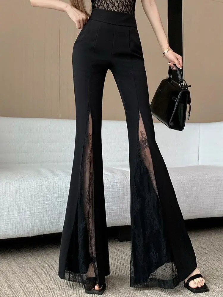 High Waist Bell Bottom Suit Pants Women's Summer 2026 New Fashion Lace Splice Casual Floor Length Pants Elegant Chic