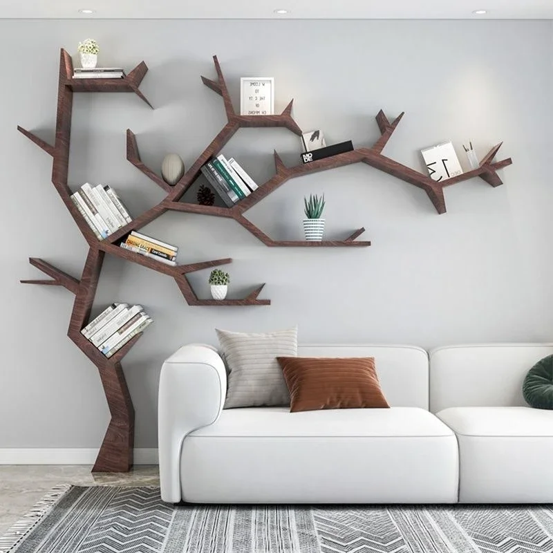 

Tree bookshelf living room sofa background wall shelf floor