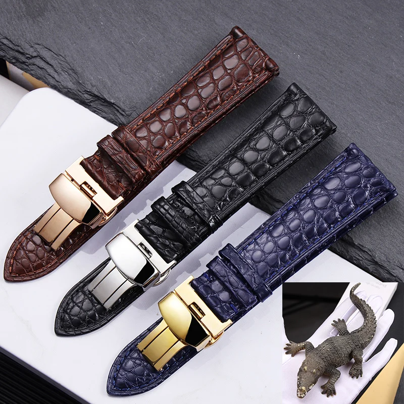 High quality Two-sided Crocodile Skin leather watch strap Butterfly clasp 19mm 20mm 21mm 22mm men metal Watchband soft bracelet