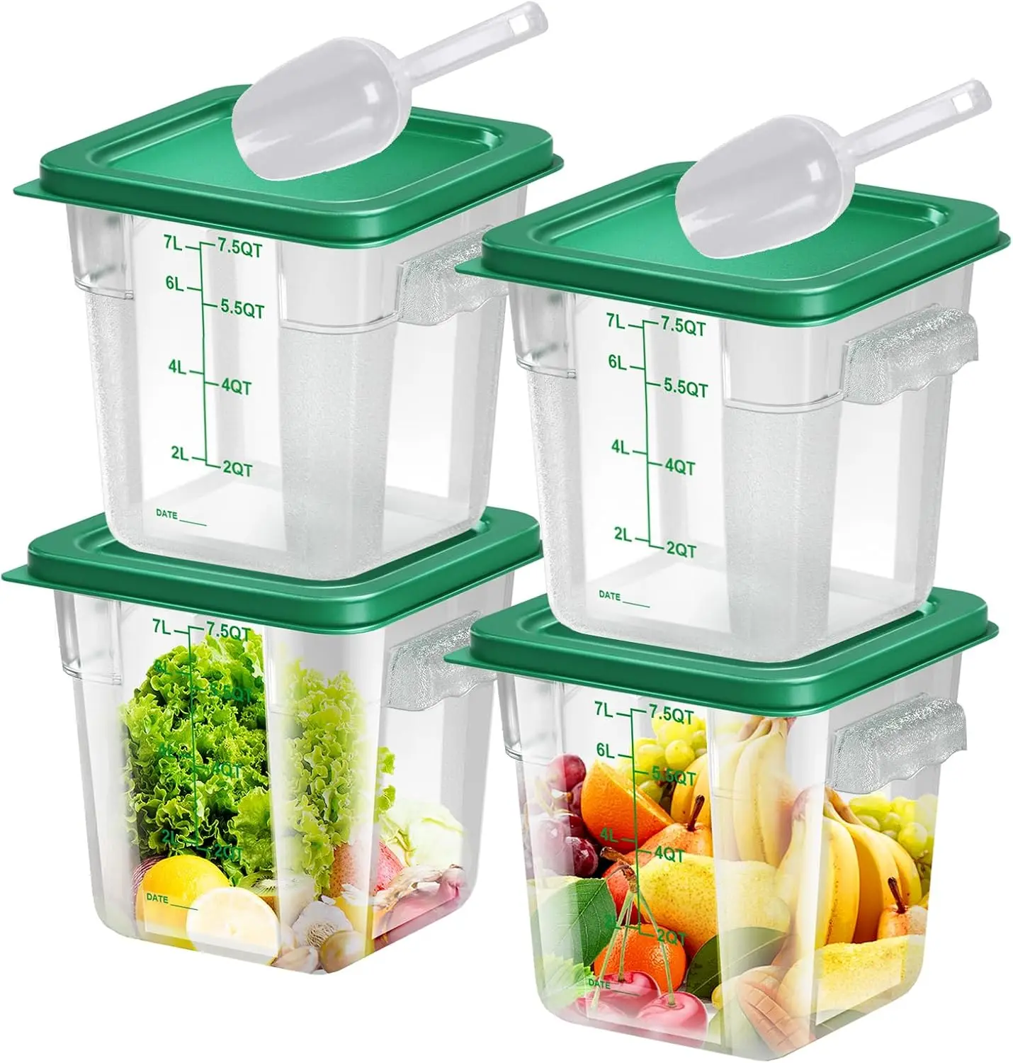 

4 Pack 8qt Food Storage Containers with Lids, Square Clear BPA-Free Plastic with Handles & Scale, Stackable for Kitchen Pantry Fridge, Green