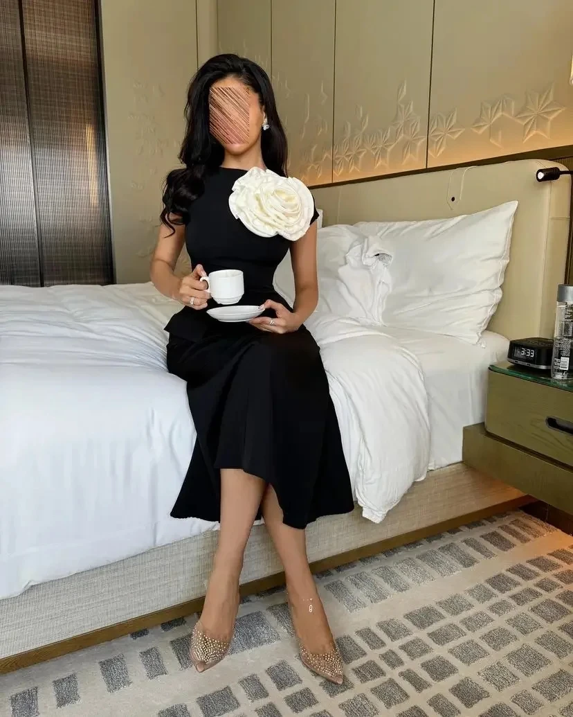 Fnoexw-レディースブラック半袖プロムドレス、ラウンドネックプリーツフラワー、足首の長さ、イブニングガウン、ウェディングパーティー、プロム、2022