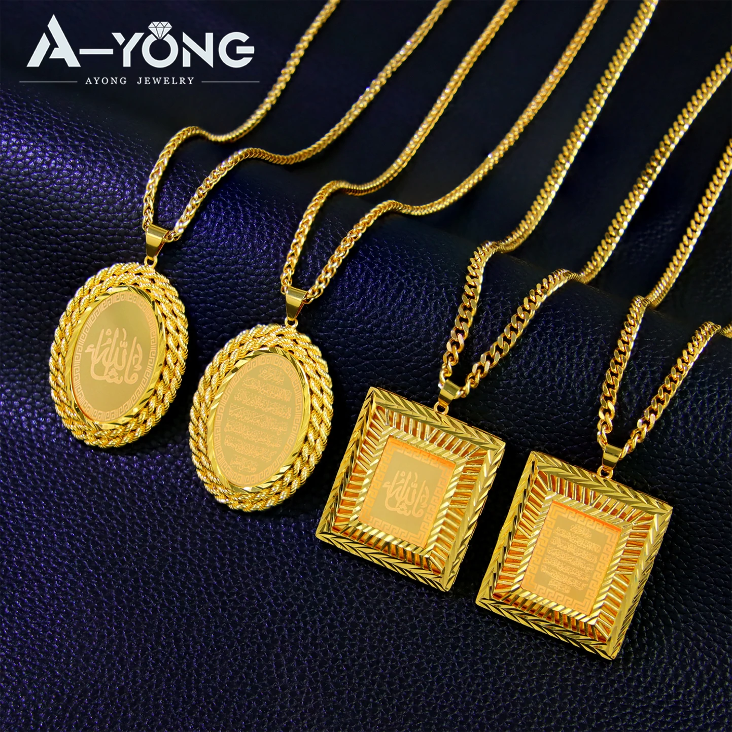 Luxury Arab Muslim Fashion Pendant 21k Gold Plated Dubai New Square Necklace Pendants Saudi Bridal Wedding Jewelry Gift