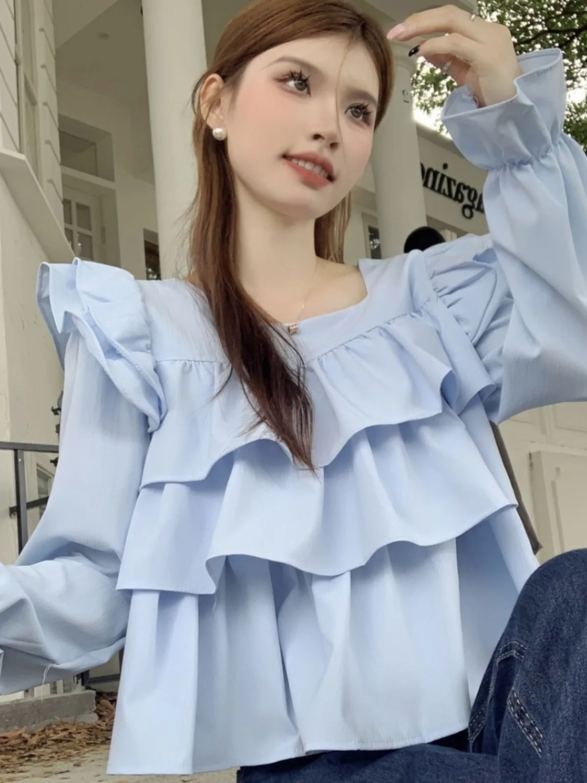 Ele Long Sve feminino irt Conceal Meat Outerwear Japonês Sle Doce Personali Renda Hemline Blusa Casual de Poliéster