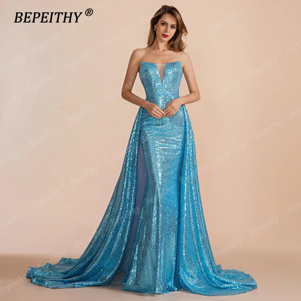 BEPEITHY Customized Strapless Blue Sequins Evening Formal Occasion Dress 2023 For Women Vintage Prom Party Gown With Court Train