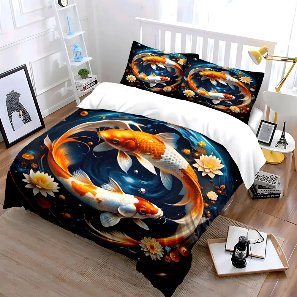 Koi Fish Encircle Lotus and Stars Bedding Set for Kids Luxury Gift 3pcs Digital Print Comforter Set Soft Comfortable Breathable