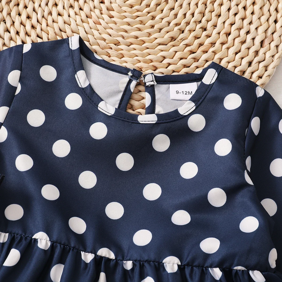 PatPat 3pcs Baby All Over Polka Dots Navy Ruffle Bell Sleeve Top and Cotton Ripped Denim Jeans Set Soft and Comfortable