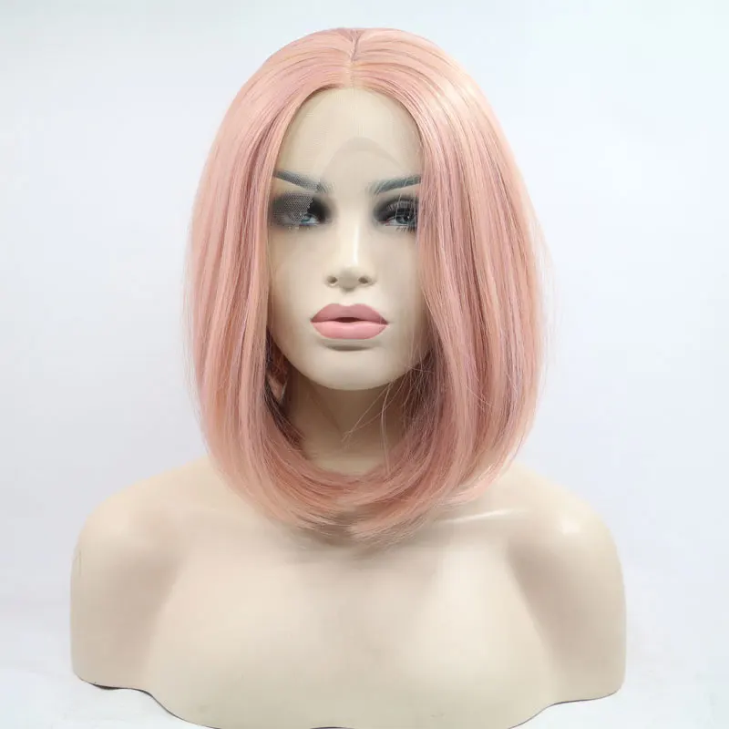 Rose Pink Short Straight Bob Synthetic 13x4 Lace Front Wigs High Quality Heat Resistant Fiber Hair Middle Part For Women Cosplay