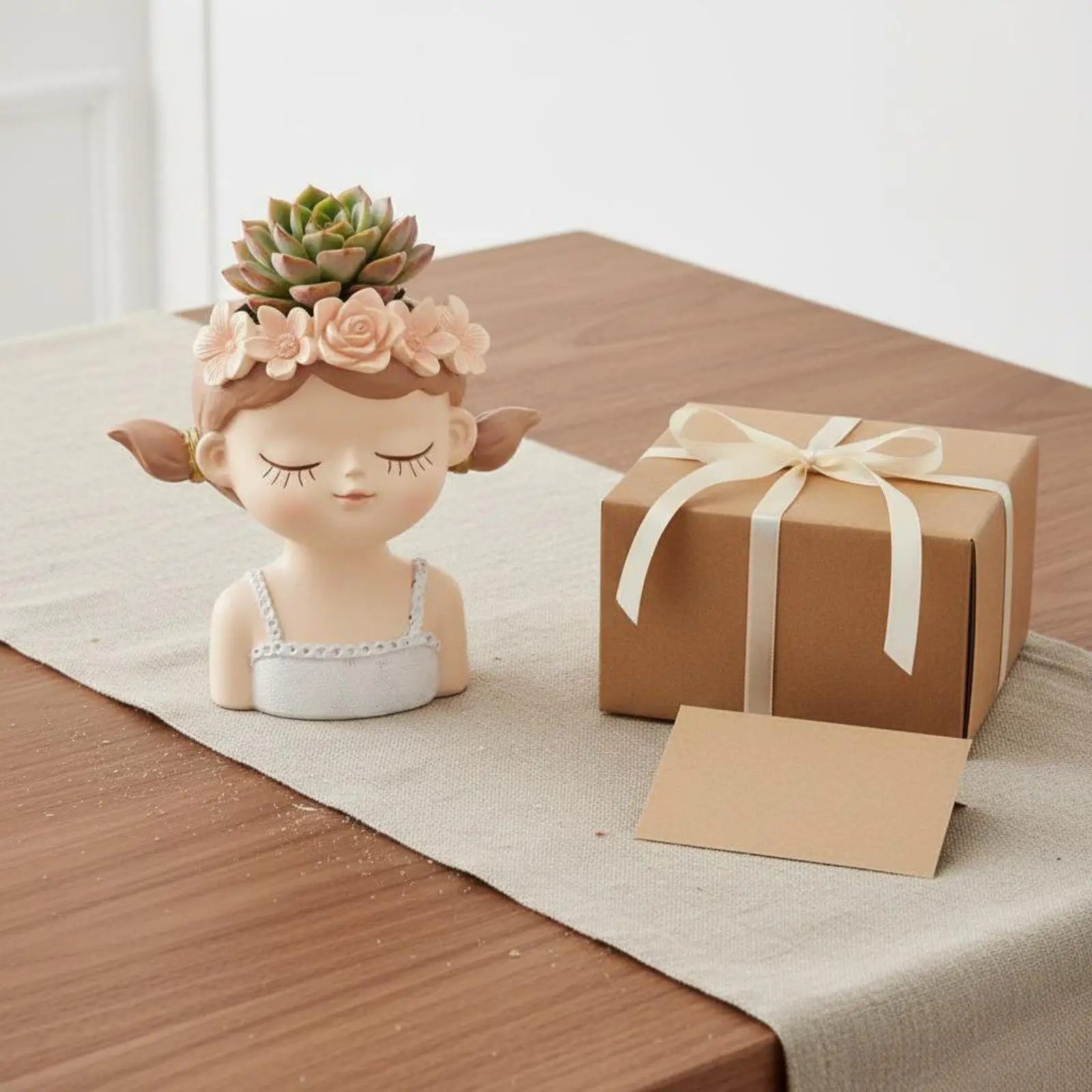 Decorative Resin Head Flowerpot for Succulents Cactus with Calm Face and Floral Crown