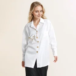 Solid Patchwork Metal Buckle Casual Blouses For Women Lapel Long Sleeve Spliced Pockets Minimalist Loose Shirts Female New