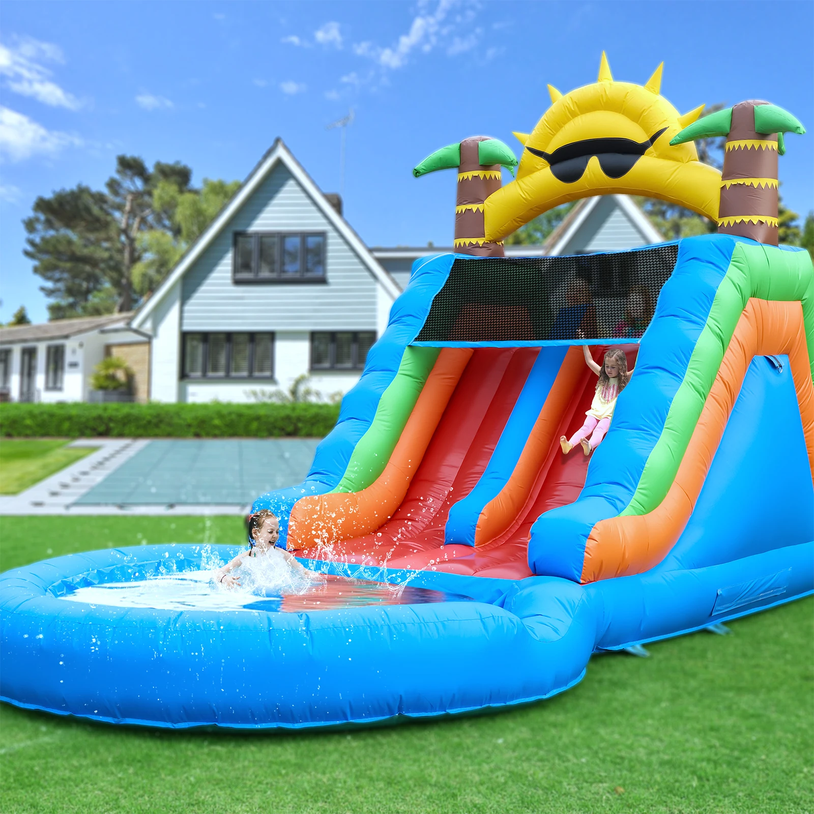 Casa gonfiabile gigante commerciale del rimbalzo del PVC di 23FT Doppi scivoli d'acqua Parco acquatico Parco giochi per bambini, giocattoli per bambini