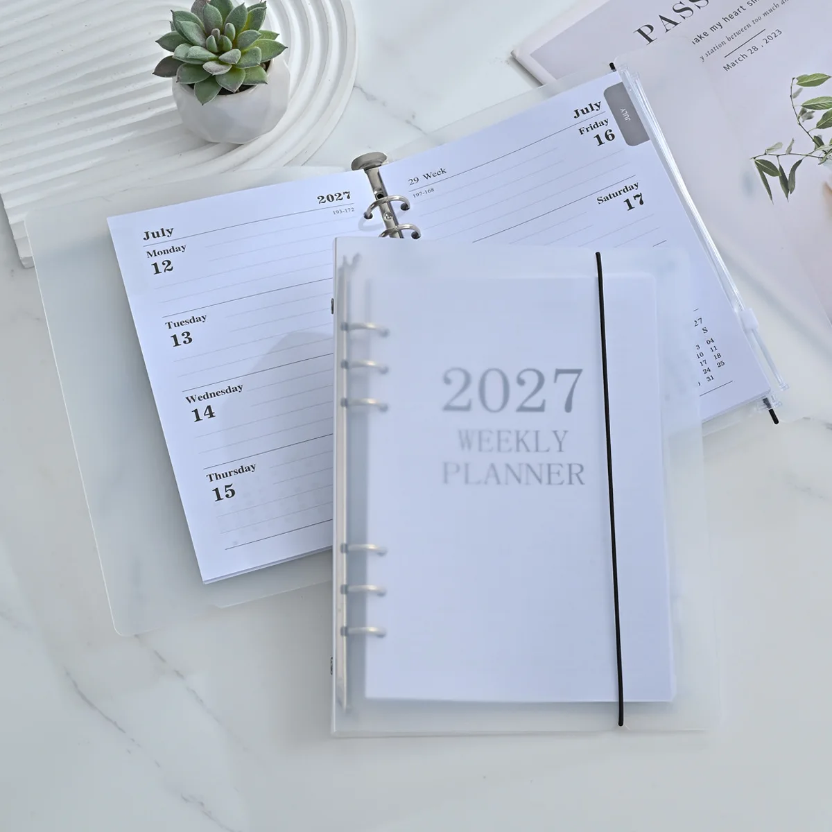 2027 A5 Matte Shell Cover Weekly Planner with 6 Hole Ring-Bound Yearly Calendar & Replaceable Folders Loose-Leaf Notebook