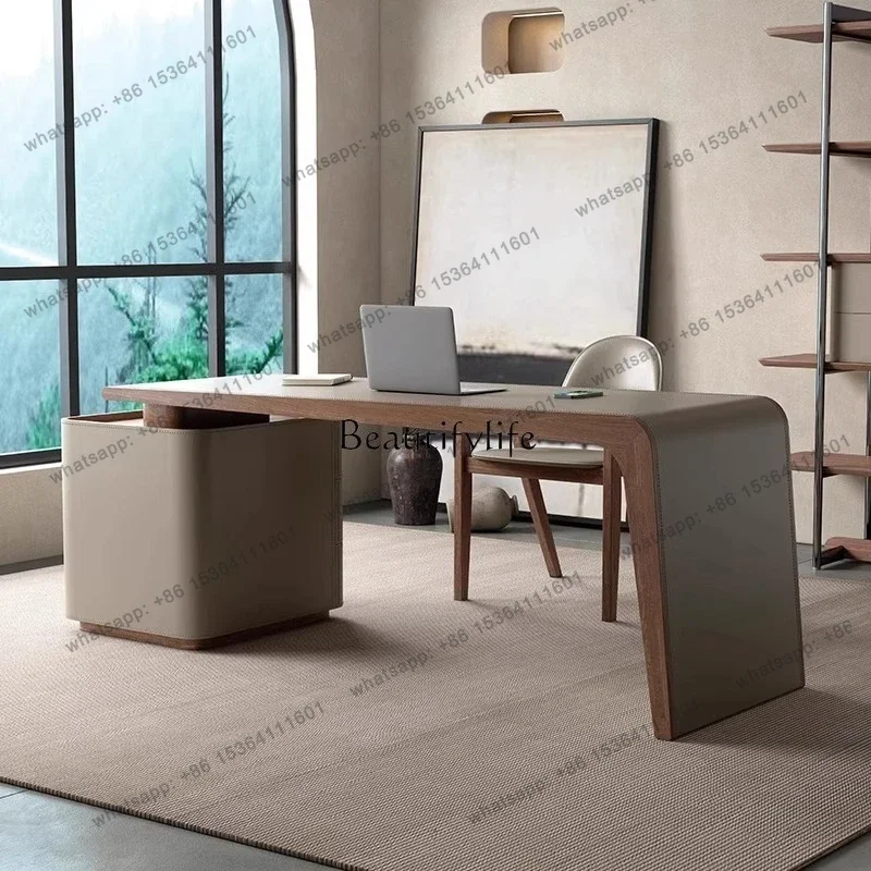 Biurko w stylu retro z skóry 56Saddle, luksusowe, designerskie, nowoczesne, proste, z litego drewna.