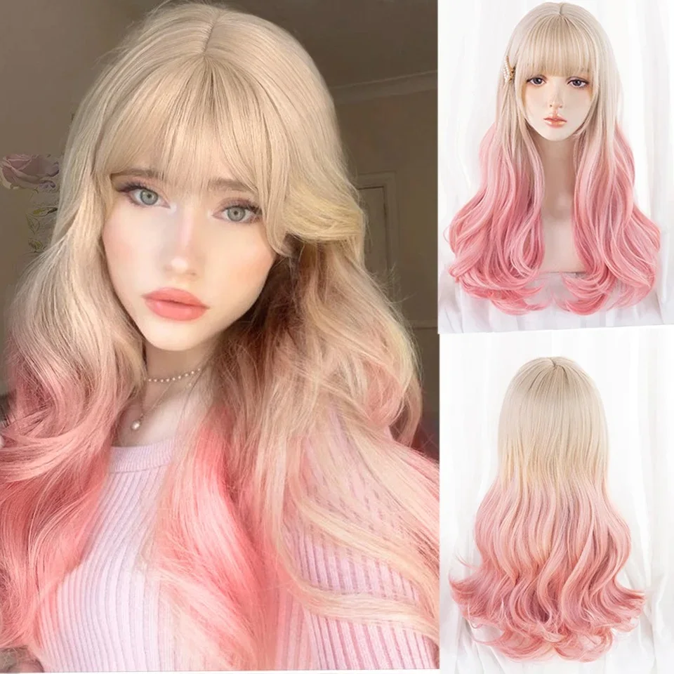 Long Wavy Pink Cosplay Synthetic Wigs Lolita Halloween With Bangs for Women Party Dailly Heat Resistant Wig