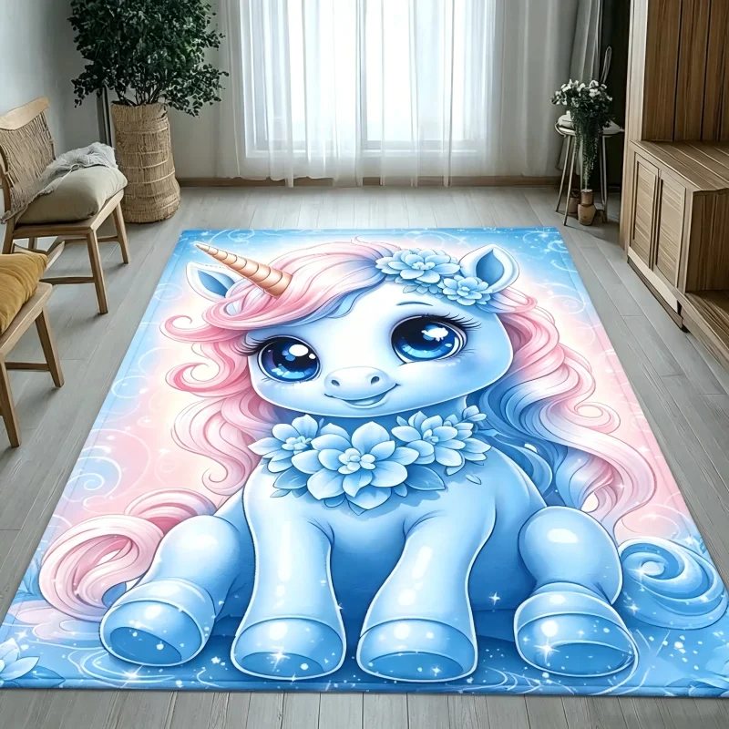 Cute Unicorn Printed Area Rug Room Floor Mat Purple Unicorn Pattern Carpet Non Slip Floor Rug Purple Flower Unicorn Rug