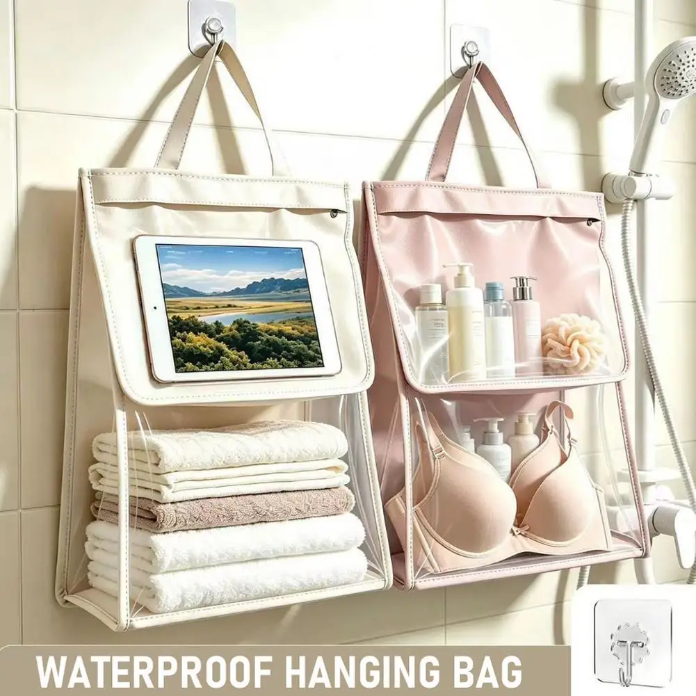 Waterproof Hanging Storage BagWall Mount Shower Organizer With Clear Touch Screen Pocket For Bathroom Clothes Towels