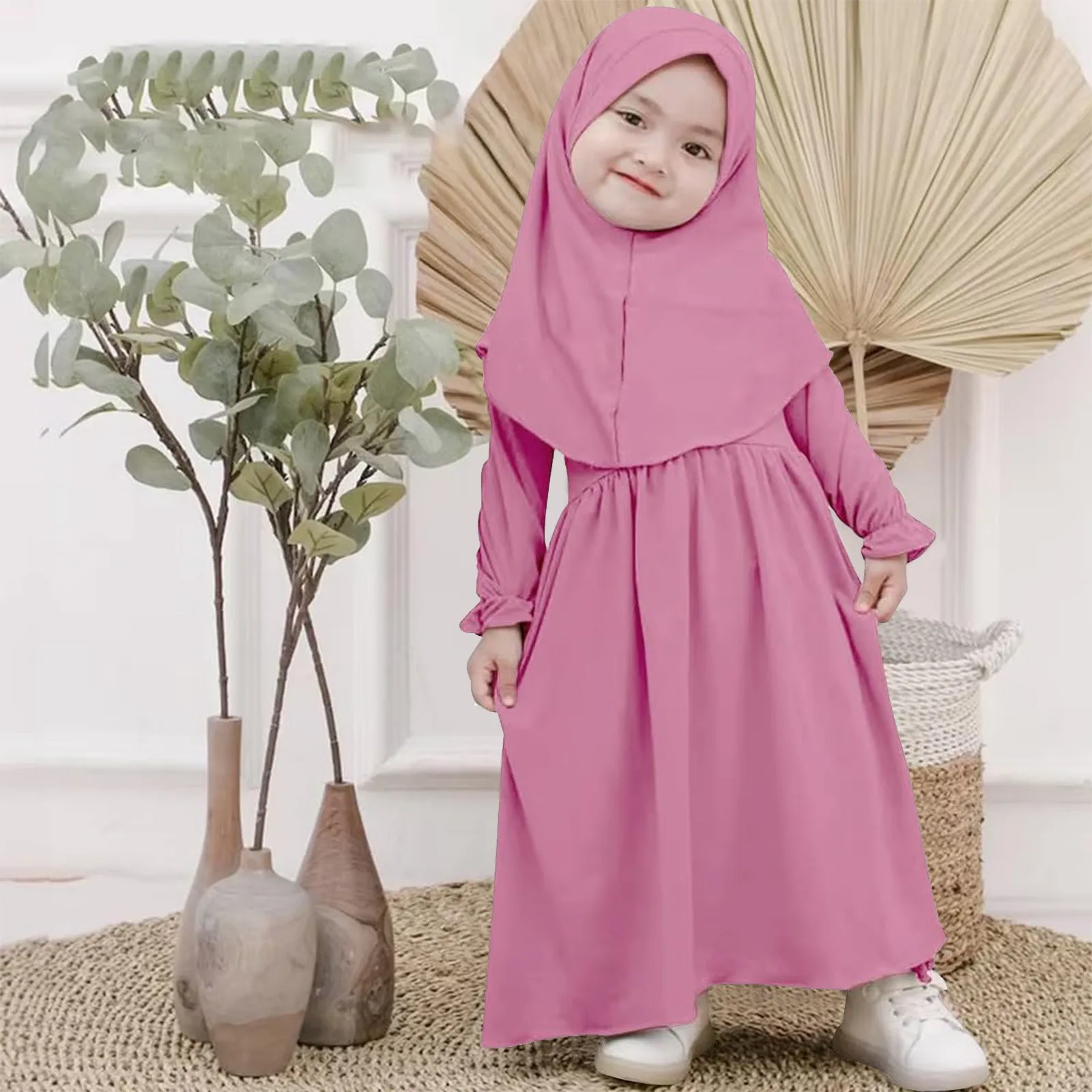 Baby Girl Auntie Outfits Muslim Abaya And Headscarf Set For Girls Pure Color Robe With Hijab Clothes for Girls 2t