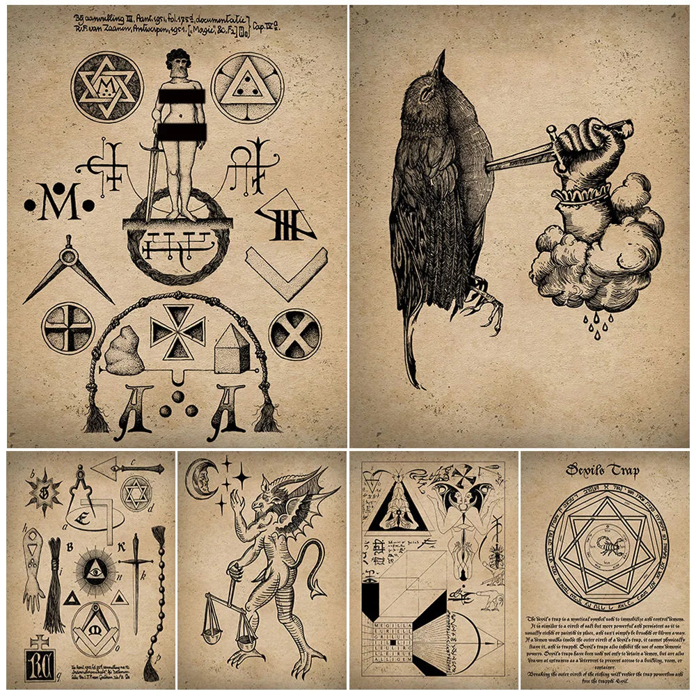

Witch,Skeleton,Black Goat,Lucifer,Abstract Wall Art Canvas Painting,Witchcraft Rune Mark Witchcraft Spell,Art Poster Print Decor