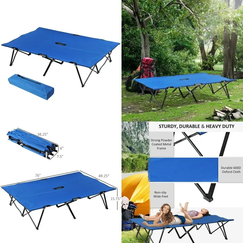 Folding Camping Bed 2 Adults 50 Inch Extra Wide Portable Elevated Cot with Tote Bag for Beach Hiking Outdoor Furniture