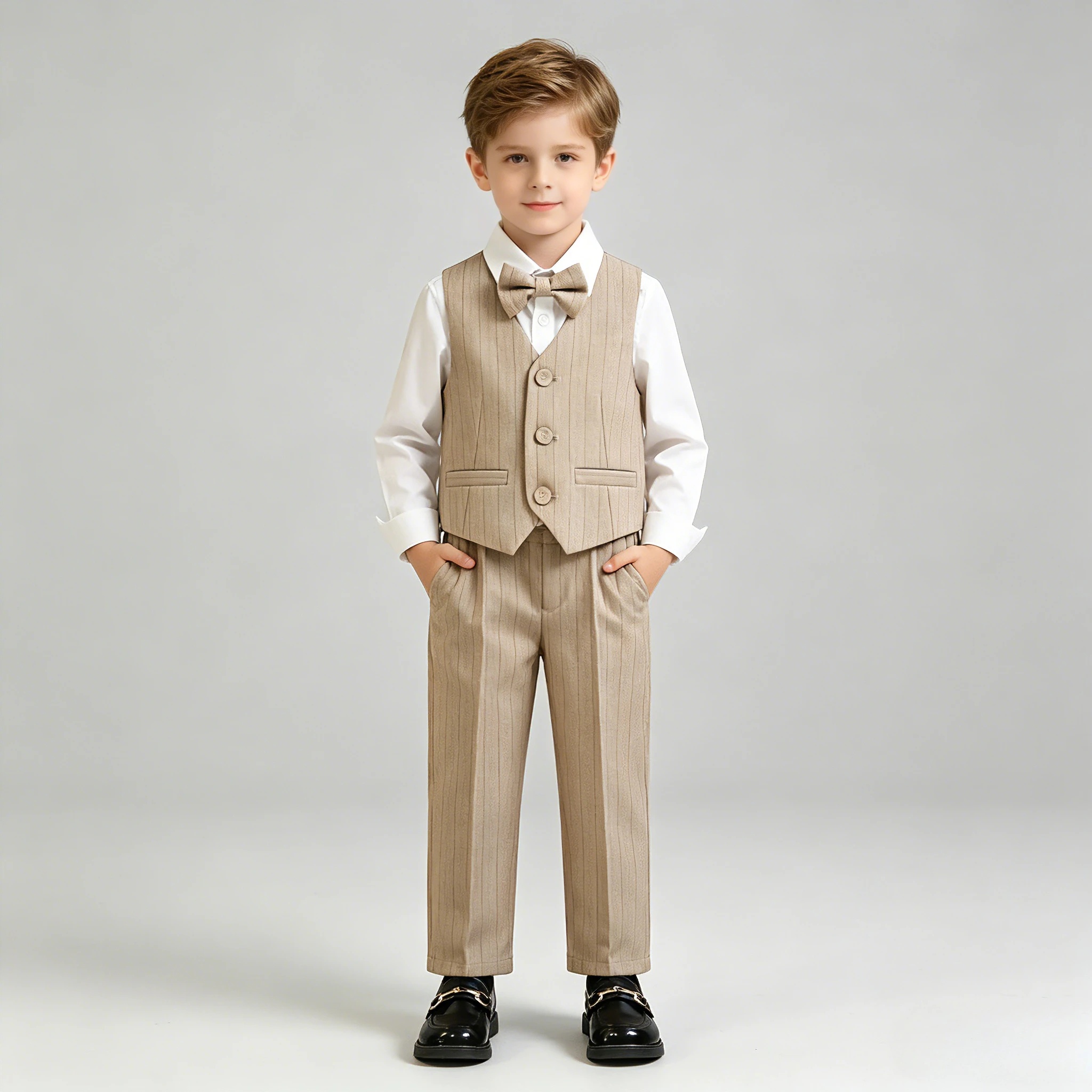 Kids Boys 4Pcs Striped Formal Suit With Bow Tie Vest Shirt Pants For Wedding Birthday Ceremony Banquet Photoshoot Party Outfit