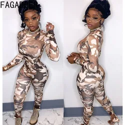 FAGADOER Casual Camouflage Printing Bodycon Jumpsuits Women Round Neck Long Sleeve Slim Playsuits Female Sporty Overalls 2024