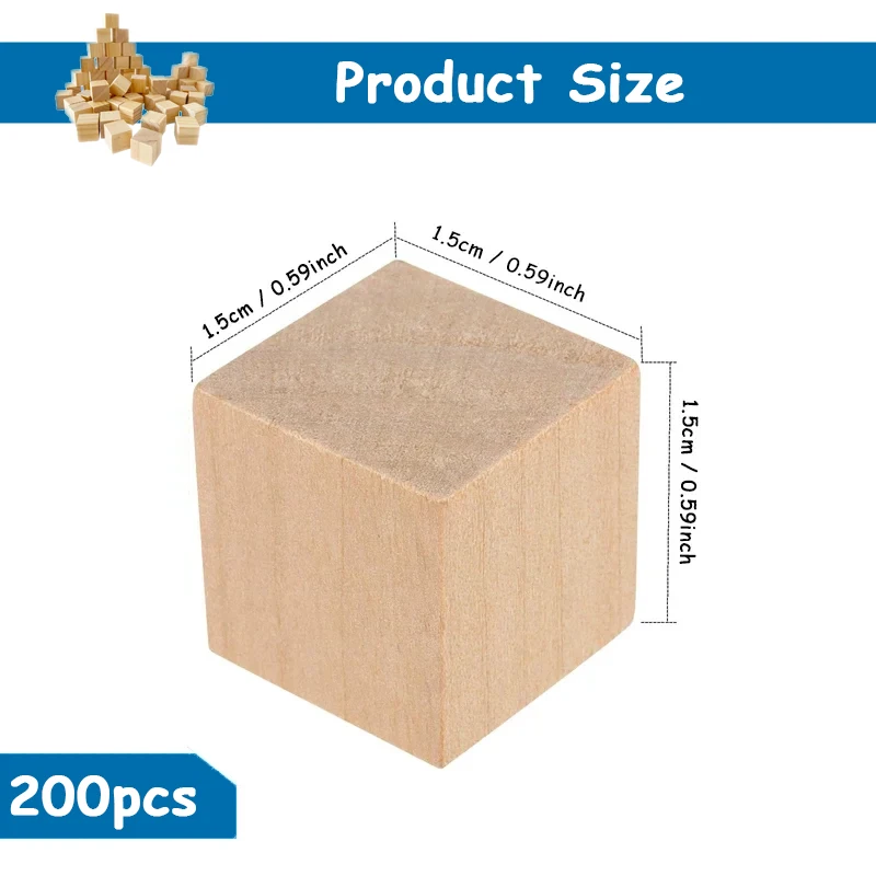 200pcs 1.5cm Wooden Blocks, Unfinished Natural Solid Wood Cube Block for DIY Project Craft Making Painting Puzzle Home Decor