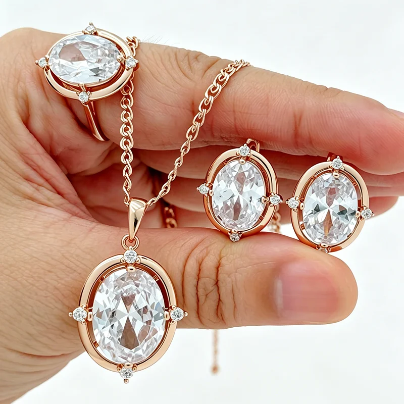 

Kinel Shiny Big Oval Natural Zircon Jewelry Sets for Women Fashion 585 Rose Gold Color Ring Earring Necklace Daily Fine Jewelry