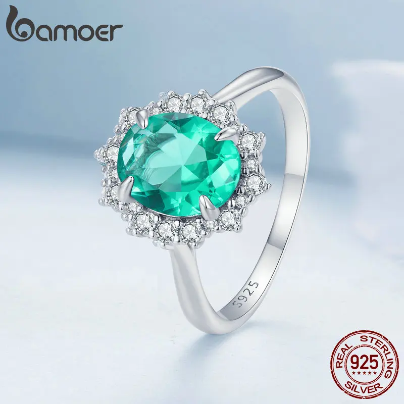 Bamoer 925 Sterling Silver Luxury Light Green Ring for Women Exquisite Party Fine Jewelry Valentine's Day Gift