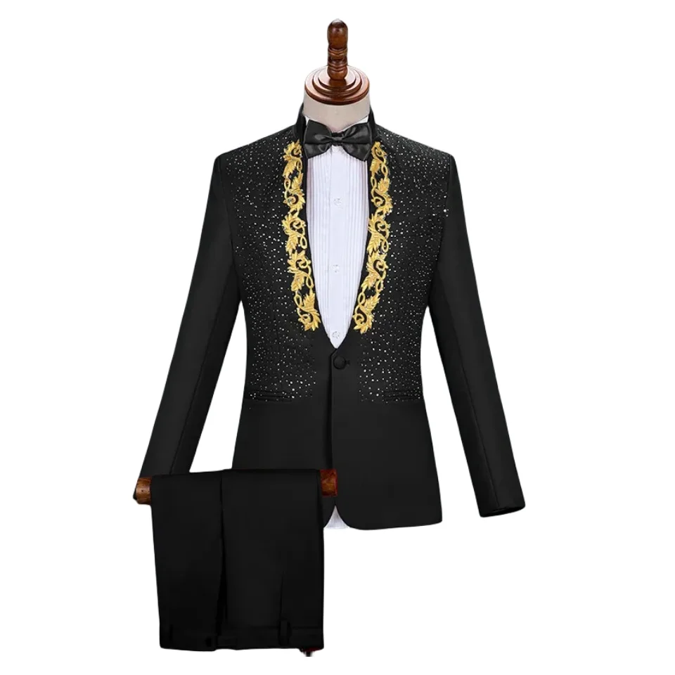 Sparkly Crystals Blazers Embroidery Men's Suits Formal Chorus Dress Singer Host Concert Stage Outfits Nightclub Clothing Costume