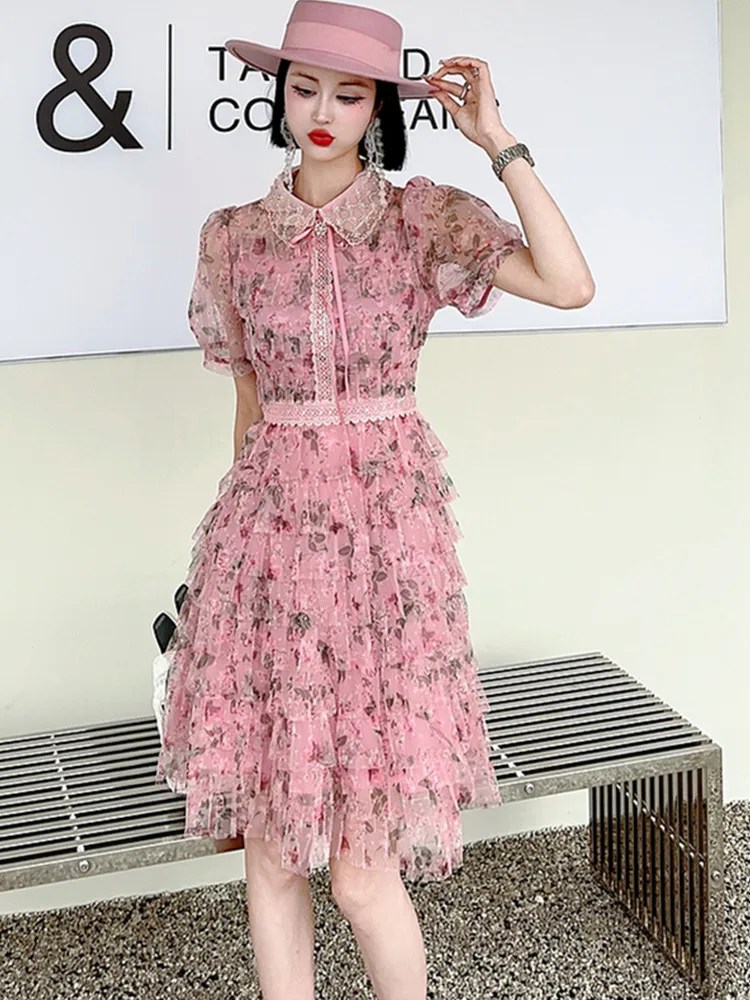 SMTHMA New Fashion Light Luxury Print Patchwork Beaded Collar Summer Dress  For Women Exquisite Sweet Style Cake Dresses Vestidos - AliExpress 200000345