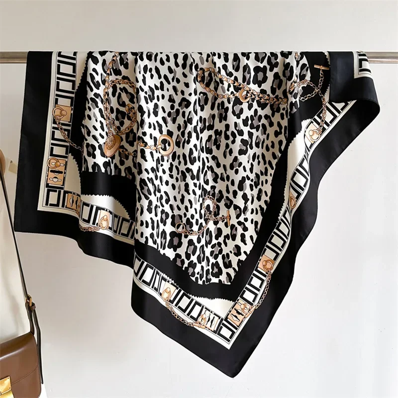 

90*90cm Korean Leopard Print Silk Scarf Women Shawls Fashion Bandannas Sunscreen Kerchief Luxury Square Scarves Ribbon Hairband