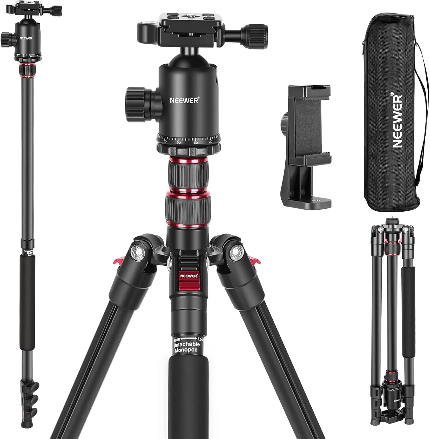 

77-дюймовый легкий алюминиевый штатив для DSLR-камер и телефонов, 360° ° Шаровая головка, максимальная нагрузка 34 фунта, компактный дизайн для путешествий