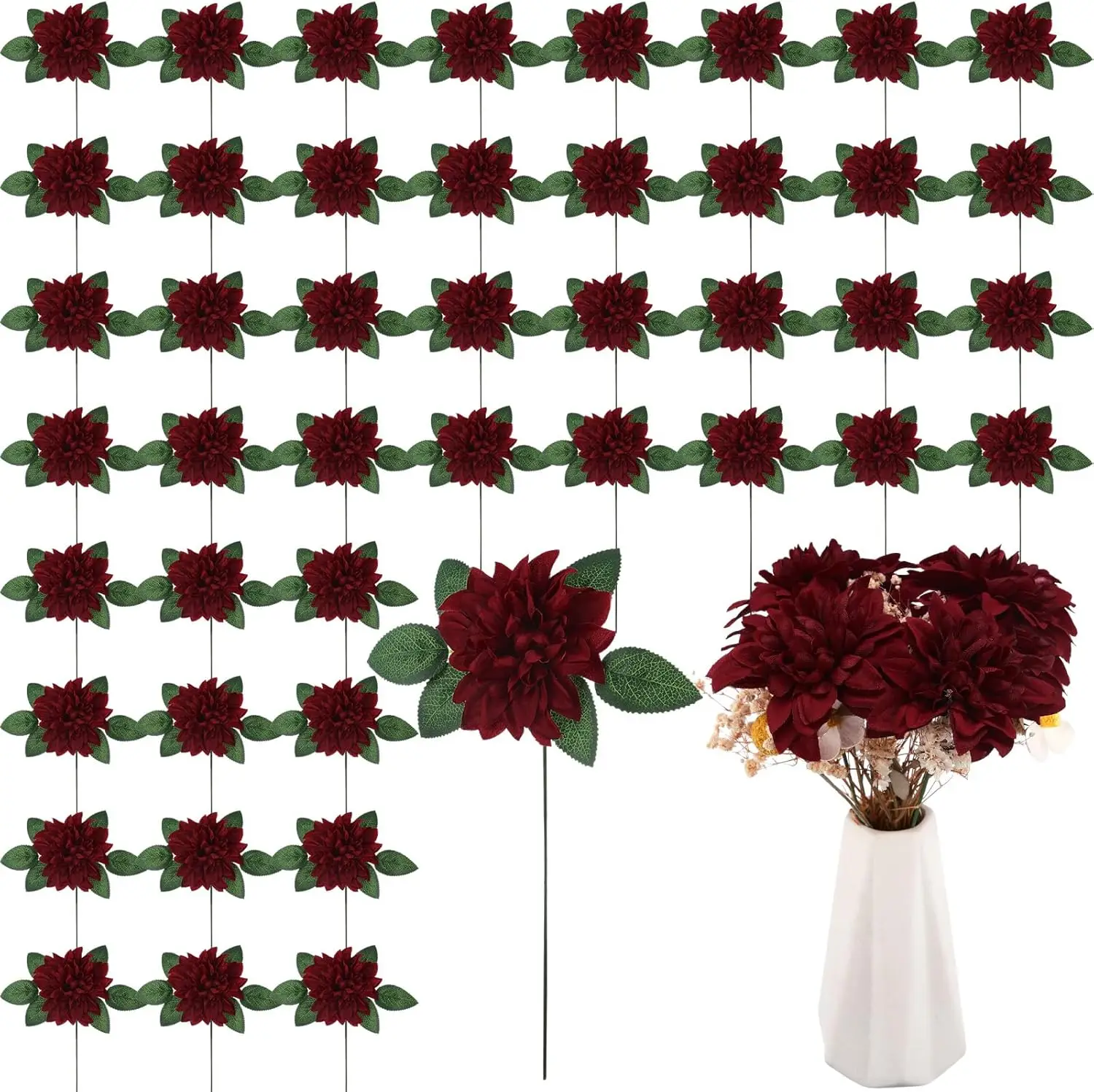 

50 Pack Artificial Wedding Dahlia Flowers Bulk Silk Dahlias with Stems and Green Leaves Fake Flora Decoration Faux Bouqu
